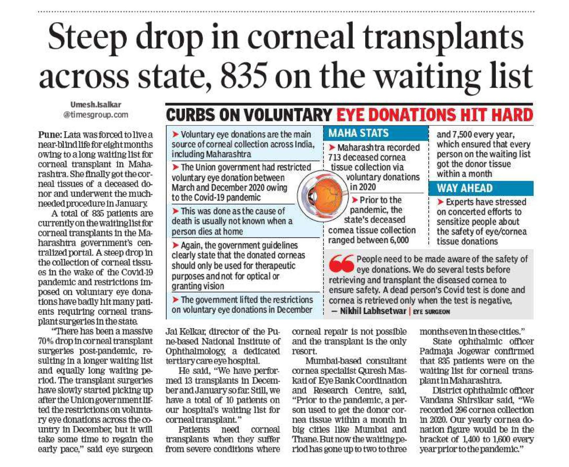 Steep Drop in Corneal Transplants NIO Times of India